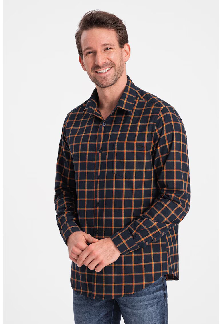 OMBRE Camasa slim fit in carouri din flanel - Portocaliu/Bleumarin