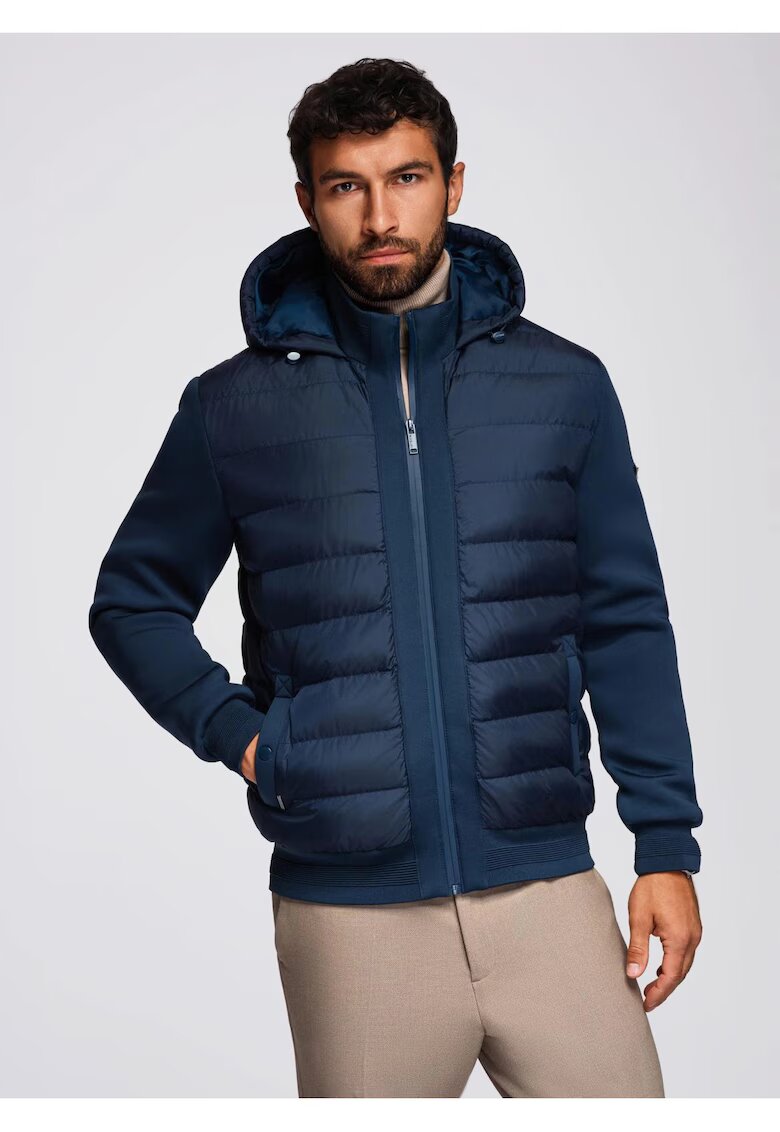 OMBRE Jacheta bomber matlasata cu gluga si maneci tricotate OM-JALP-0298 - Albastru inchis