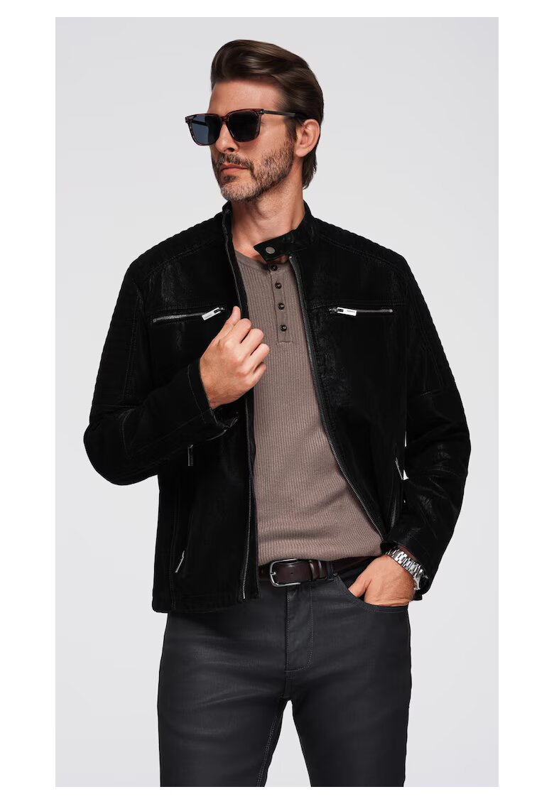 OMBRE Jacheta de motociclista eleganta C637 - Negru - Negru