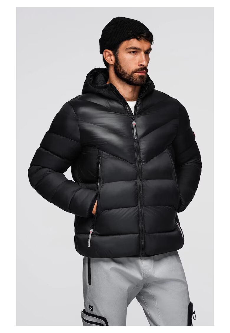 OMBRE Jacheta matlasata moderna din materiale combinate OM-JAHP-0303 - Negru