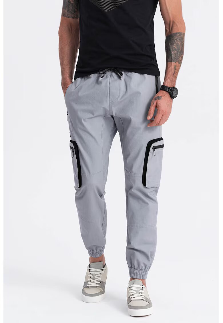 OMBRE Pantaloni cargo cu mansete elastice - Negru/Gri deschis