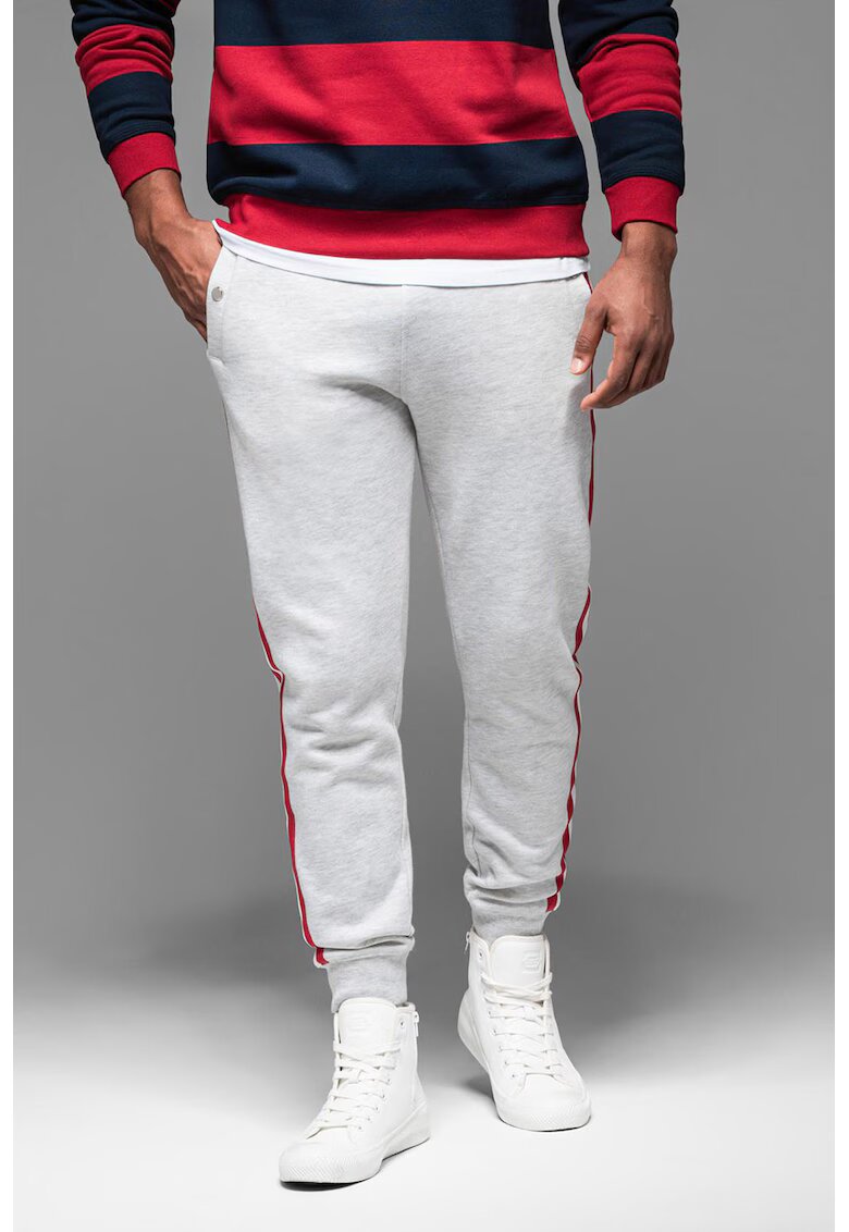 OMBRE Pantaloni de trening cu croiala conica si segmente laterale contrastante - Rosu/Gri deschis melange