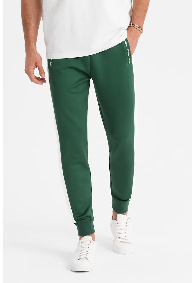 OMBRE Pantaloni de trening cu segmente laterale contrastante - Alb/Verde
