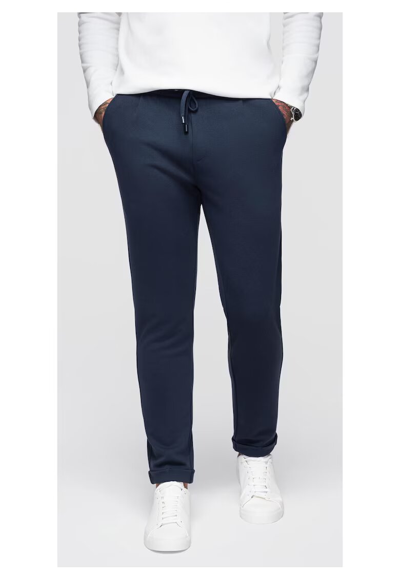OMBRE Pantaloni din tricot piqué cu talie ajustabila OM-PACP-0283 - Albastru inchis