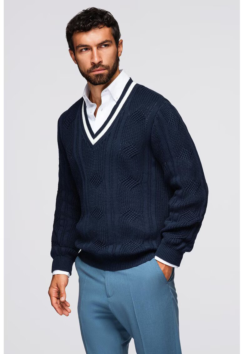 OMBRE Pulover cu decolteu in V si model torsade - Alb/Bleumarin