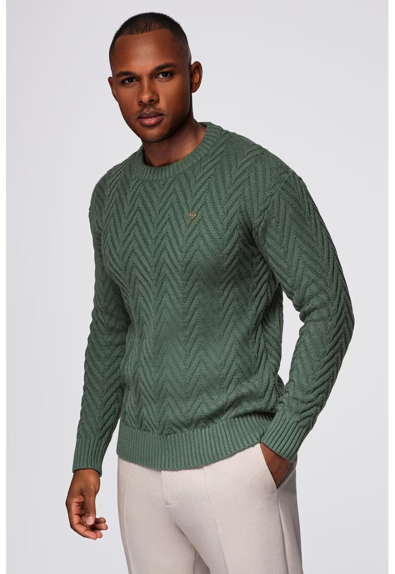 OMBRE Pulover cu decolteu la baza gatului si model herringbone - Verde aquamarin