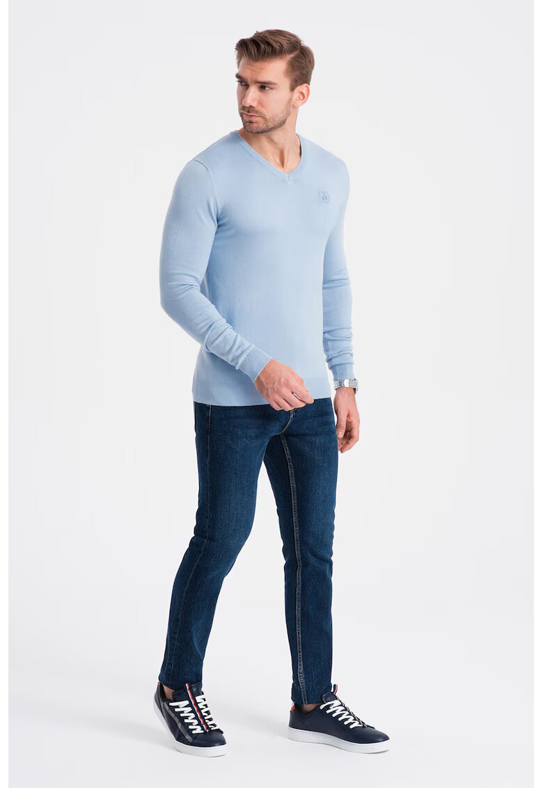 OMBRE Pulover slim fit cu decolteu in V - Albastru deschis