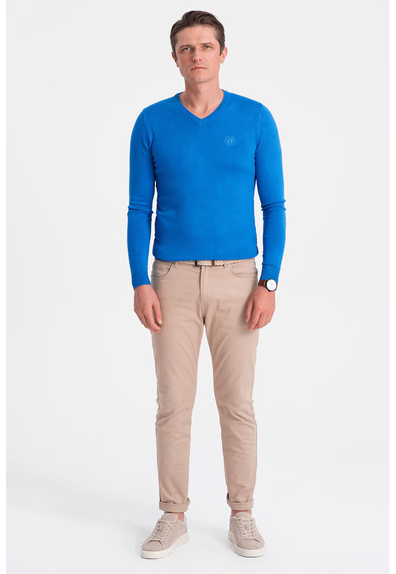 OMBRE Pulover slim fit cu decolteu in V - Albastru royal
