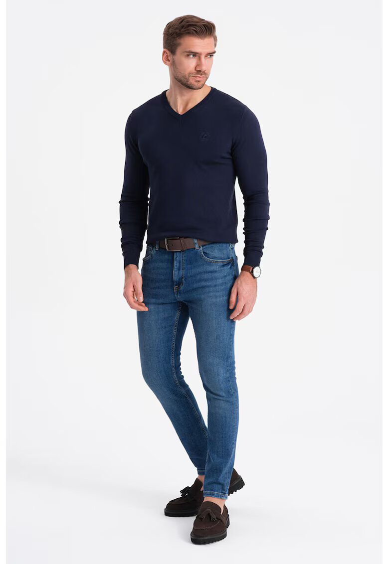 OMBRE Pulover slim fit cu decolteu in V - Bleumarin