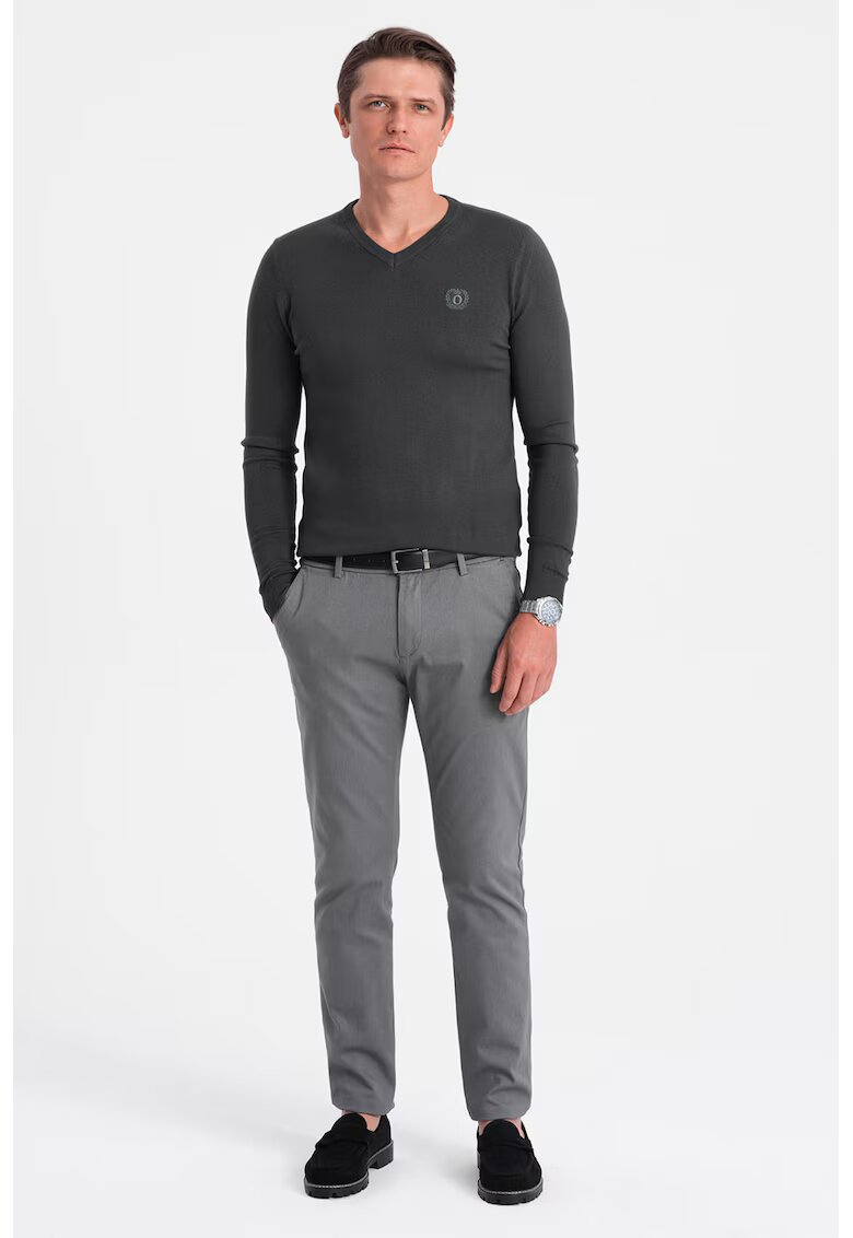 OMBRE Pulover slim fit cu decolteu in V - Gri antracit