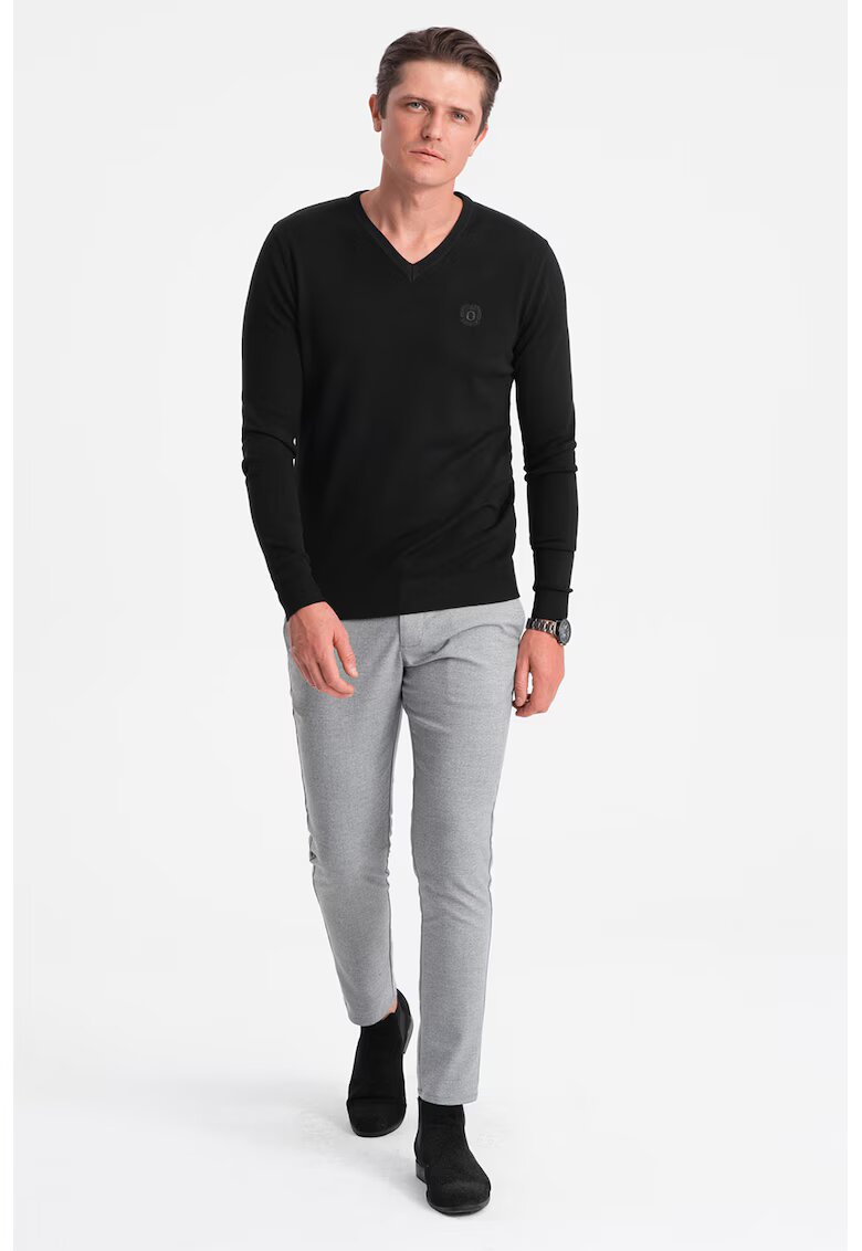 OMBRE Pulover slim fit cu decolteu in V - Negru