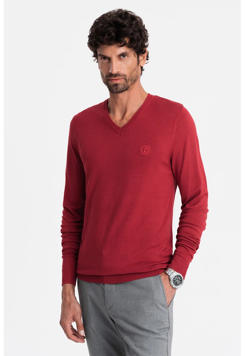 OMBRE Pulover slim fit cu decolteu in V - Rosu