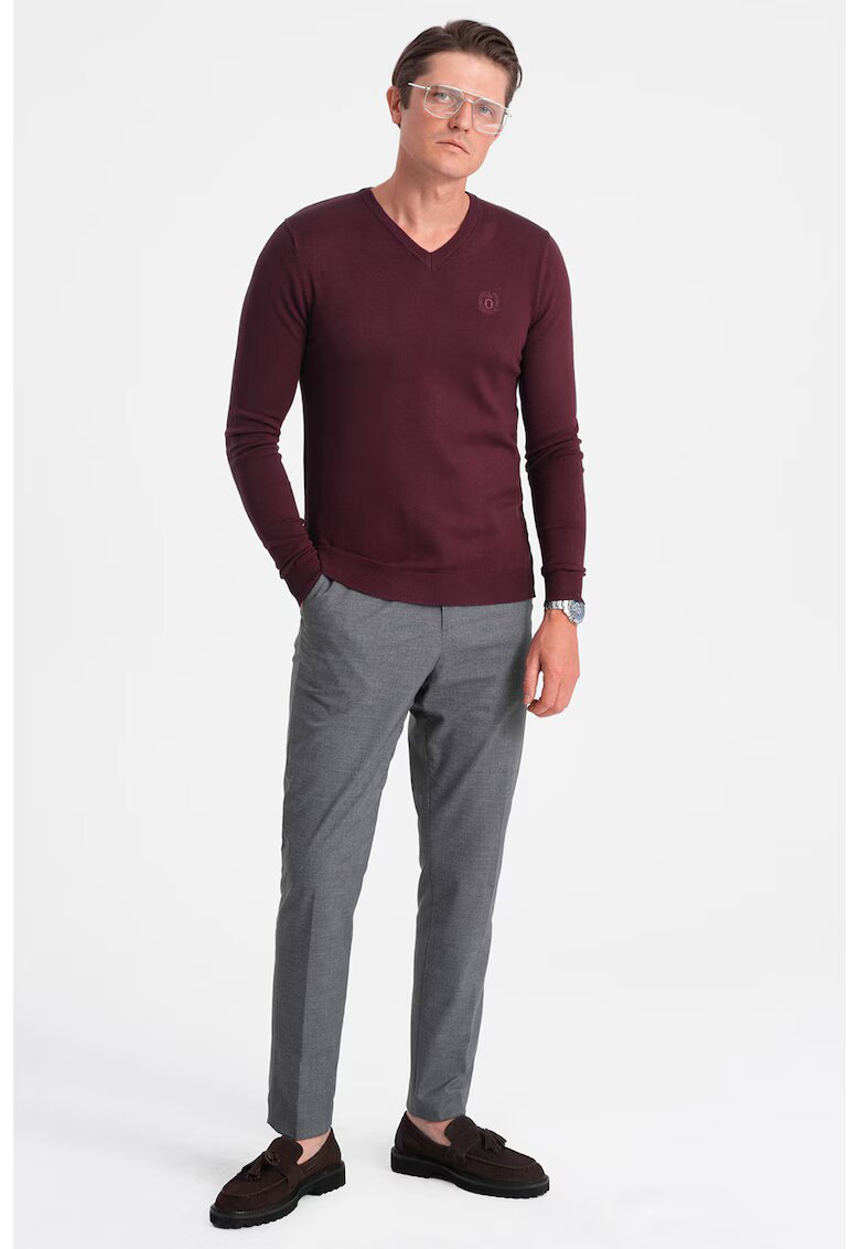 OMBRE Pulover slim fit cu decolteu in V - Visiniu