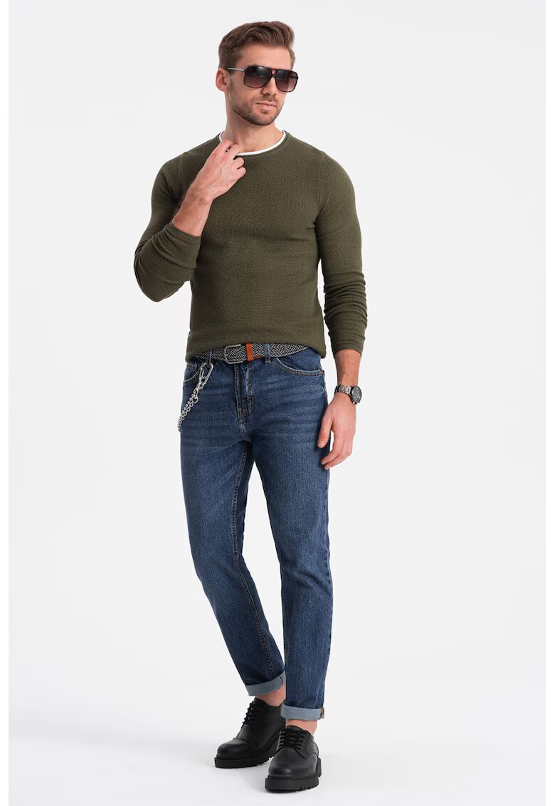 OMBRE Pulover slim fit cu model uni - Kaki