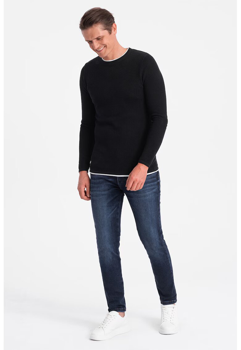 OMBRE Pulover slim fit cu model uni - Negru