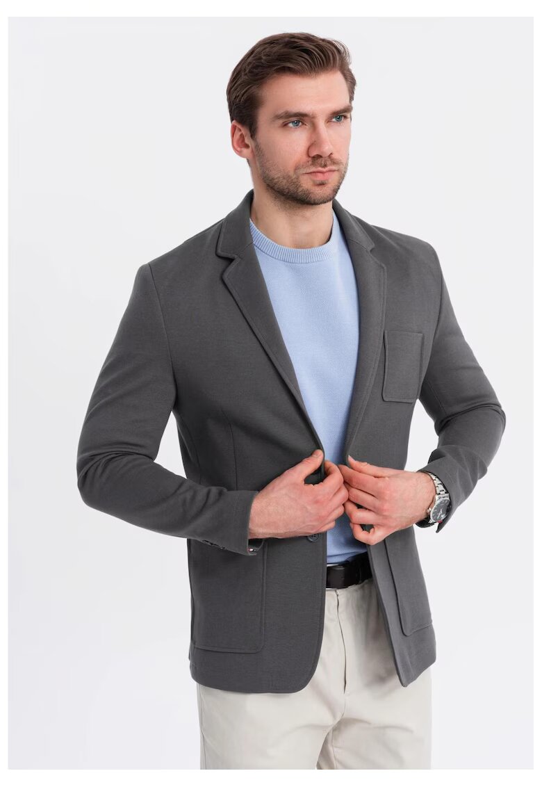 OMBRE Sacou SLIM din tesatura tricotata cu textura subtila OM-BLZB-0101 - Gri inchis - Gri inchis