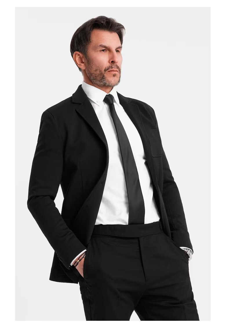 OMBRE Sacou SLIM din tesatura tricotata cu textura subtila OM-BLZB-0101 - Negru - Negru