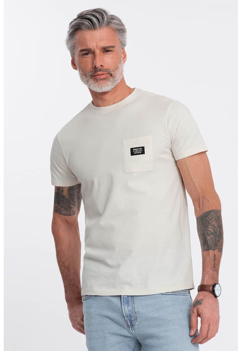 OMBRE Tricou cu decolteu la baza gatului si buzunar pe piept - Alb fildes
