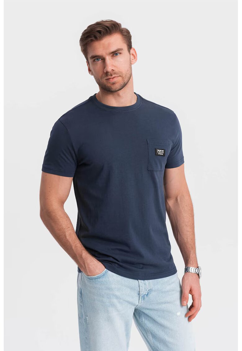 OMBRE Tricou cu decolteu la baza gatului si buzunar pe piept - Bleumarin