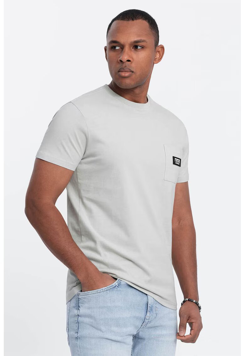 OMBRE Tricou cu decolteu la baza gatului si buzunar pe piept - Gri deschis