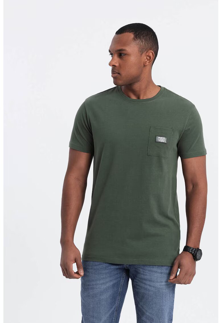 OMBRE Tricou cu decolteu la baza gatului si buzunar pe piept - Verde inchis