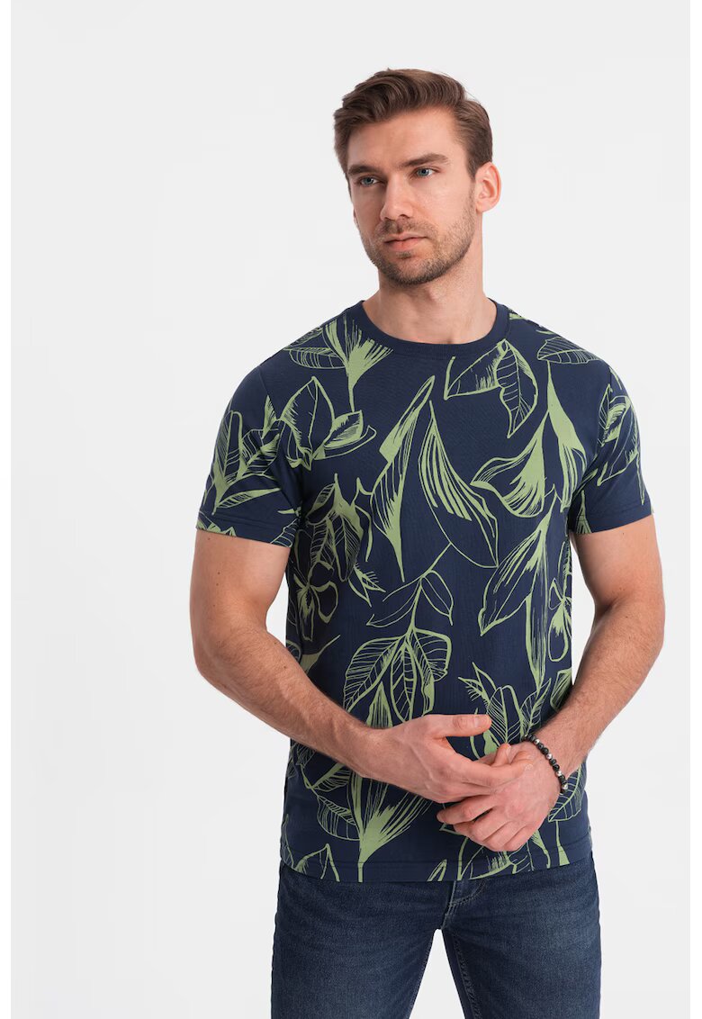 OMBRE Tricou cu decolteu la baza gatului si imprimeu - Bleumarin