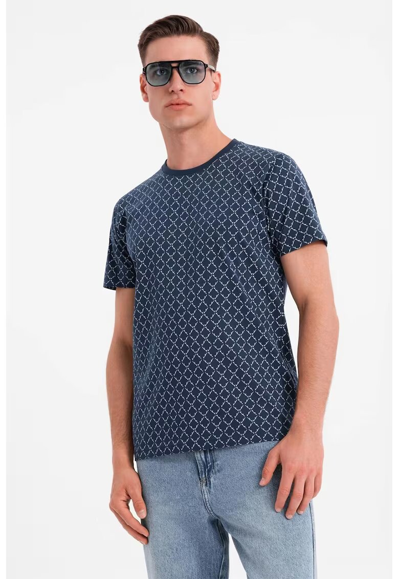 OMBRE Tricou cu decolteu la baza gatului si model geometric - Alb murdar/Bleumarin