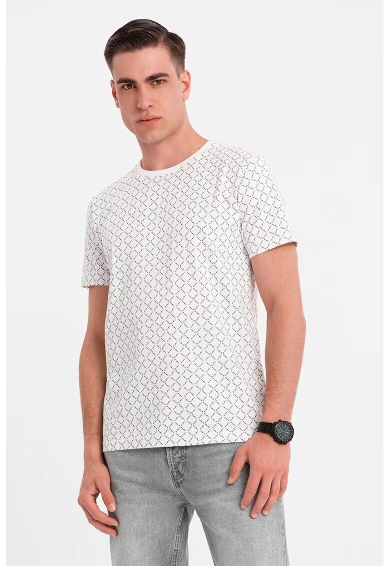 OMBRE Tricou cu decolteu la baza gatului si model geometric - Alb/Negru