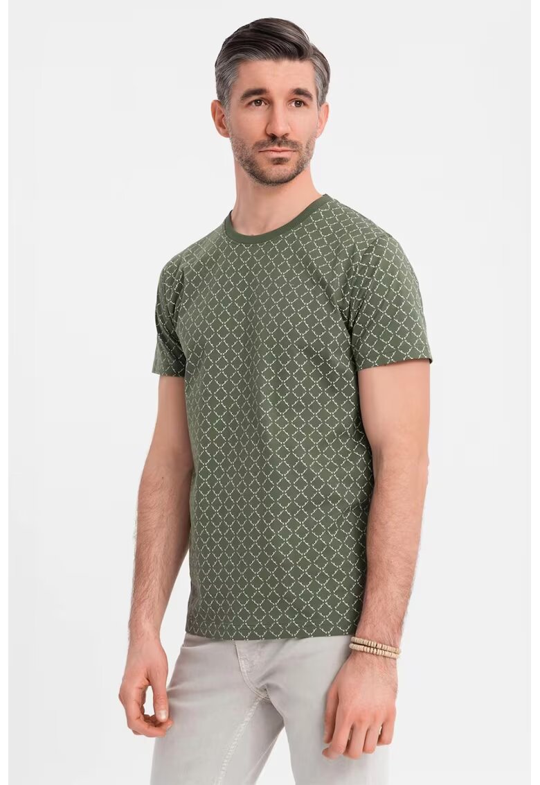 OMBRE Tricou cu decolteu la baza gatului si model geometric - Verde inchis/Alb murdar