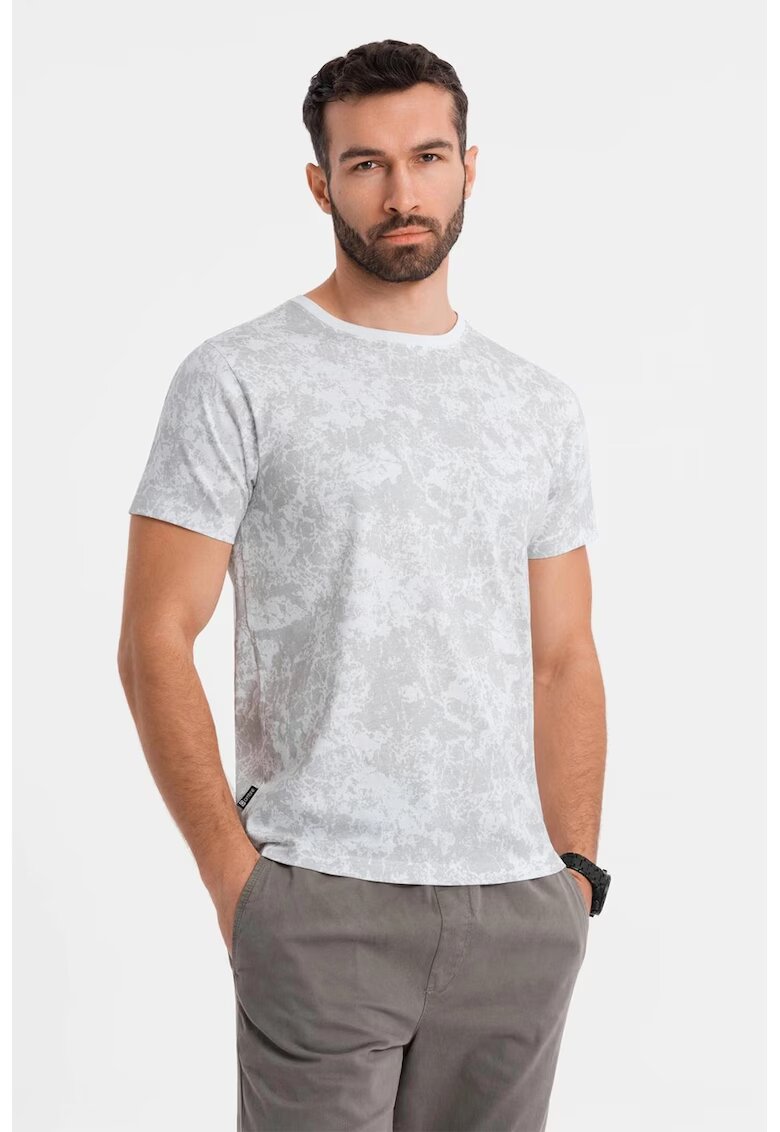 OMBRE Tricou cu decolteu la baza gatului si model tie-dye - Alb/Gri deschis