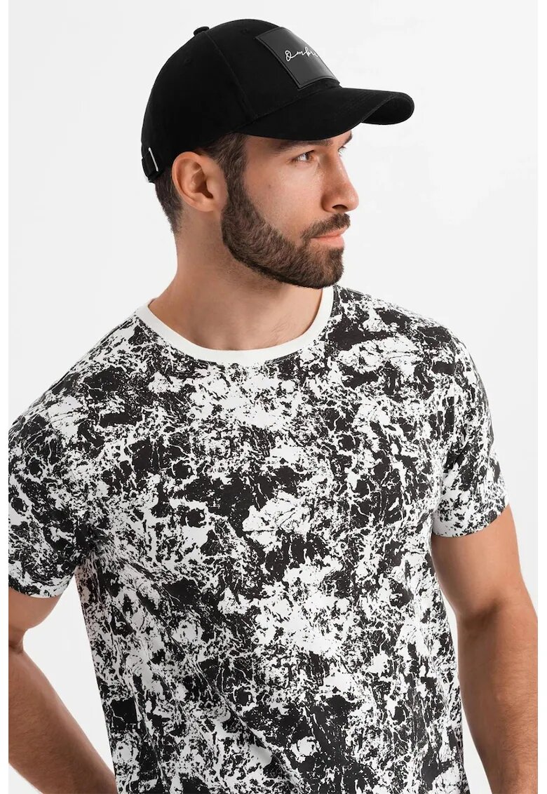 OMBRE Tricou cu decolteu la baza gatului si model tie-dye - Negru/Alb optic