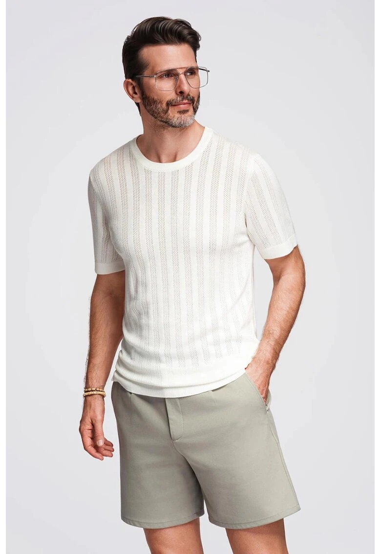 OMBRE Tricou cu decolteu rotund si aspect perforat - Alb fildes