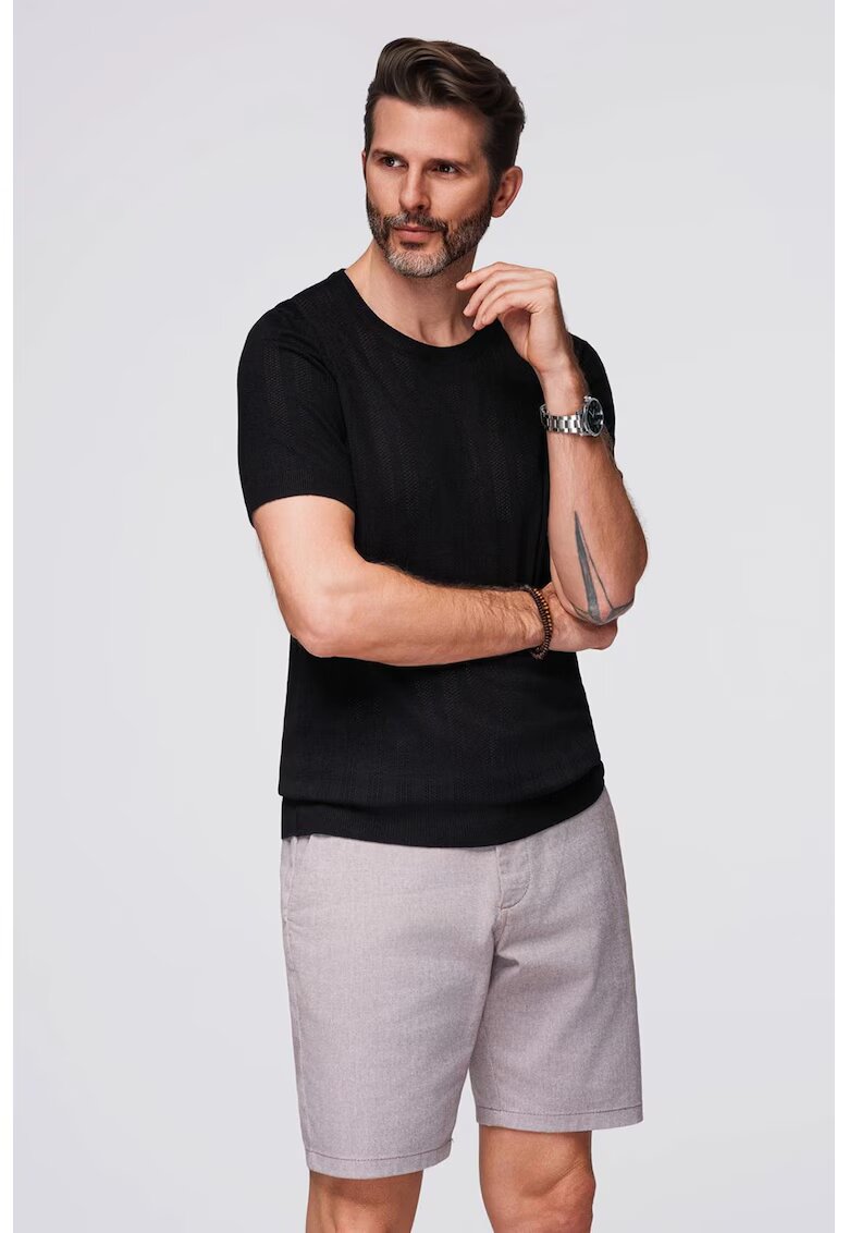 OMBRE Tricou cu decolteu rotund si aspect perforat - Negru