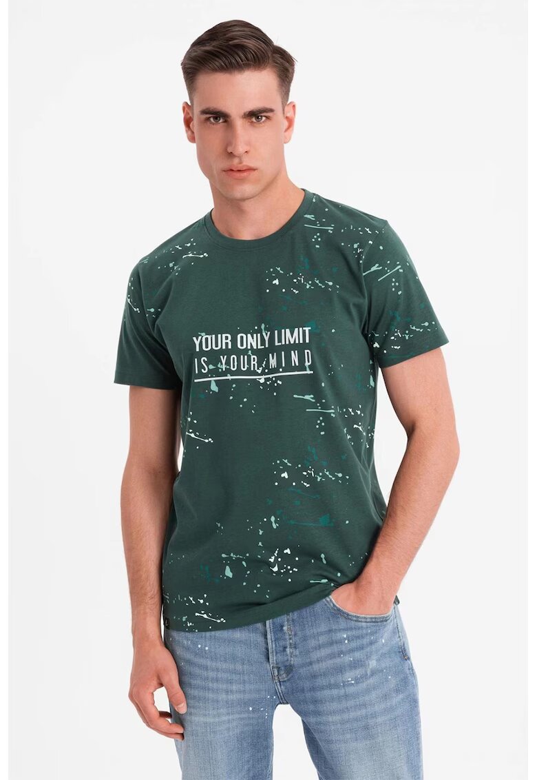 OMBRE Tricou cu imprimeu si decolteu la baza gatului - Alb/Verde inchis