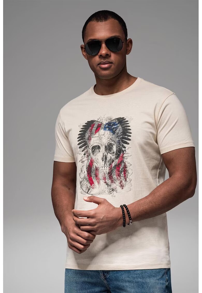 OMBRE Tricou cu imprimeu si decolteu la baza gatului - Rosu/Negru/Crem