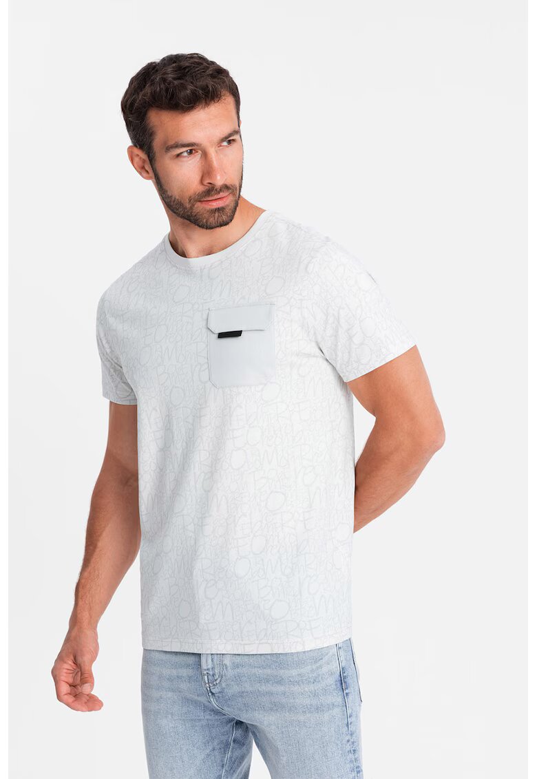 OMBRE Tricou cu model si buzunar pe piept - Gri deschis/Alb murdar