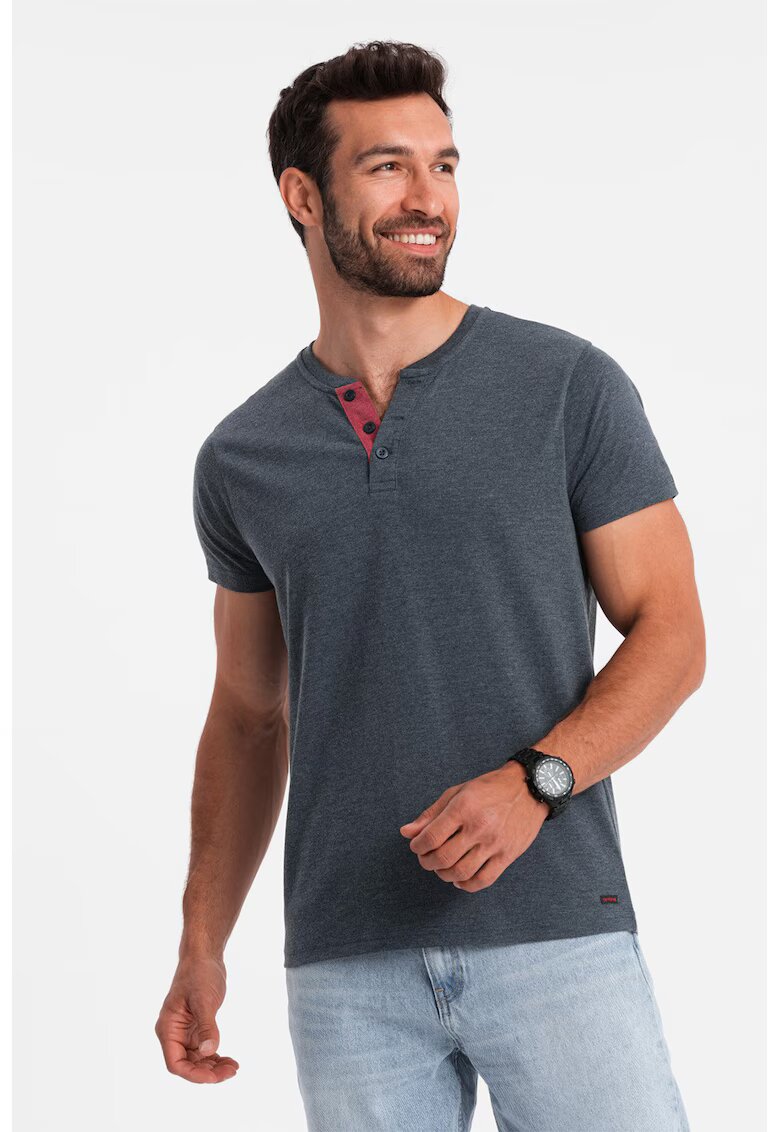 OMBRE Tricou cu model uni si decolteu henley - Albastru prafuit