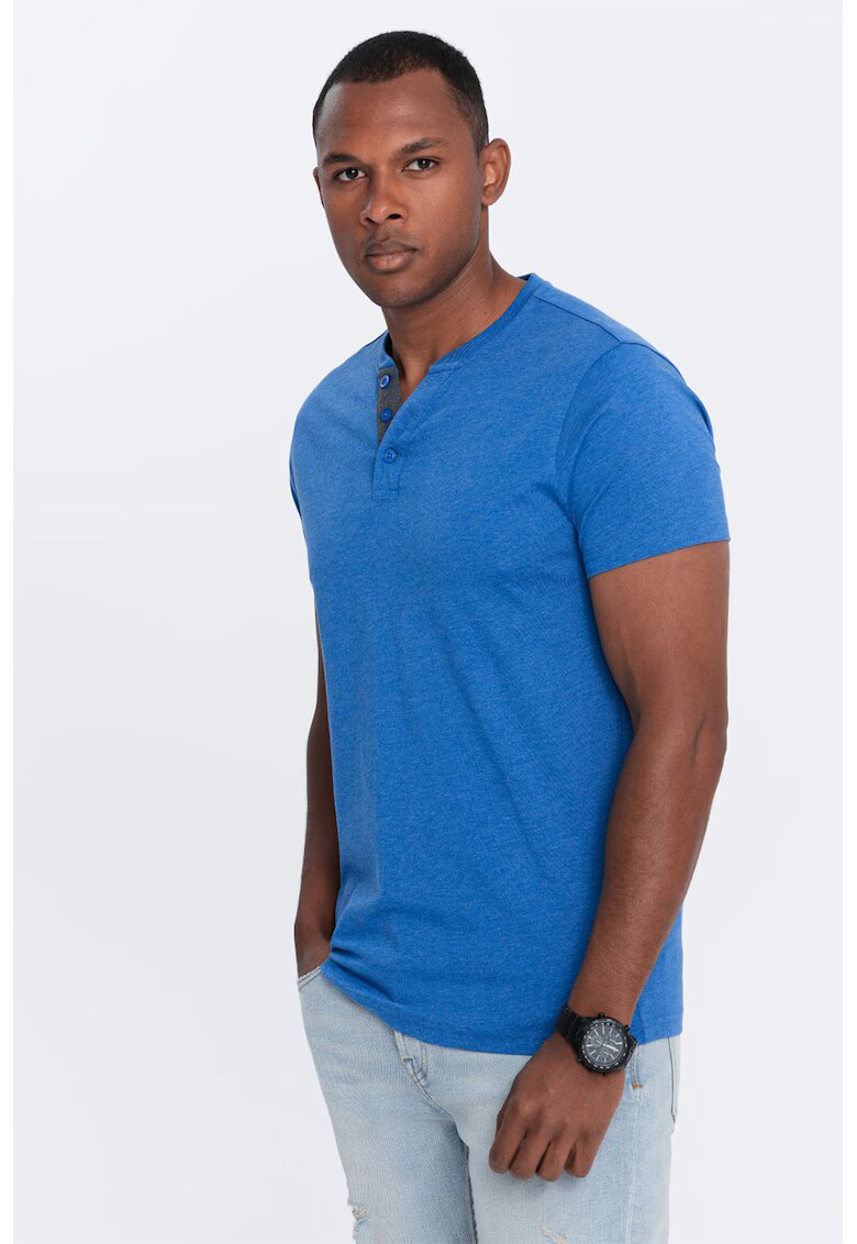 OMBRE Tricou cu model uni si decolteu henley - Albastru royal