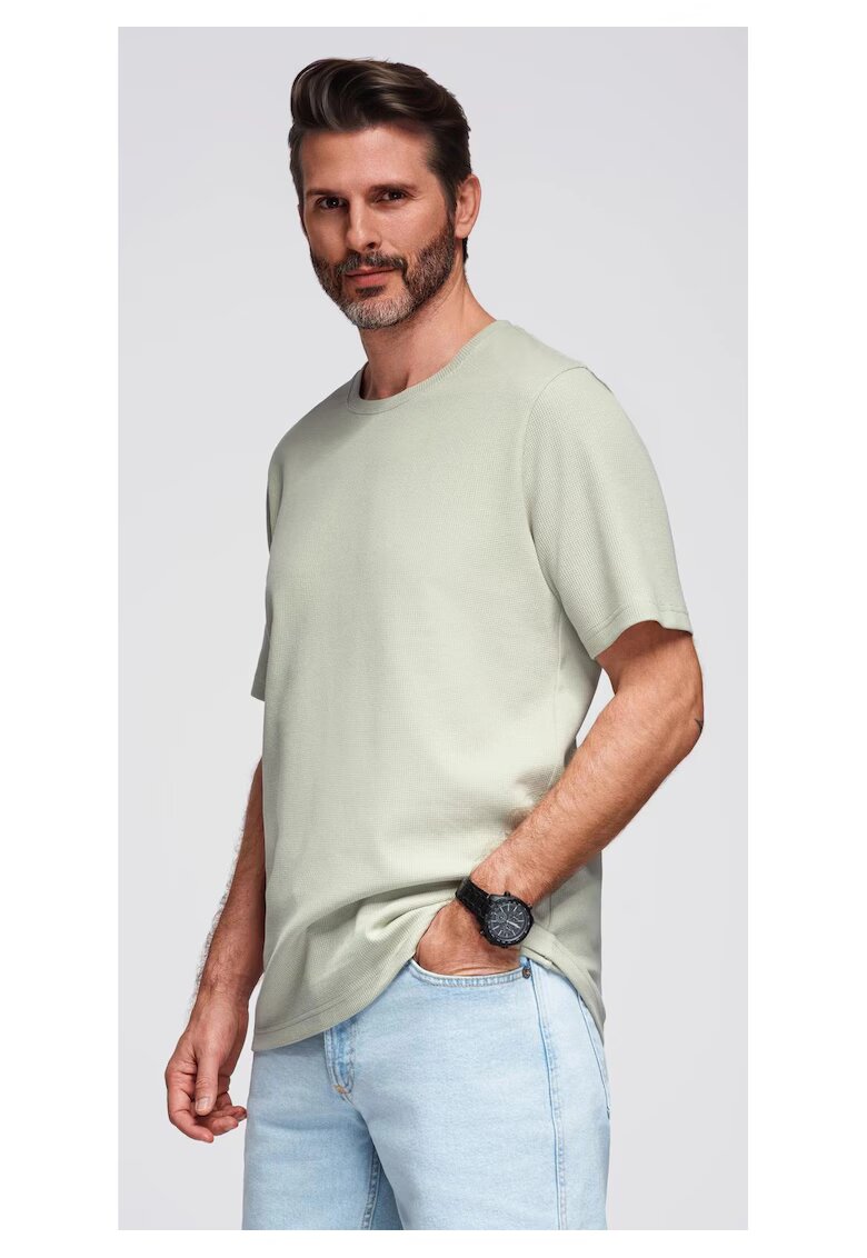 OMBRE Tricou cu textura tip waffle si decolteu rotund OM-TSCT-0197 - Verde fistic