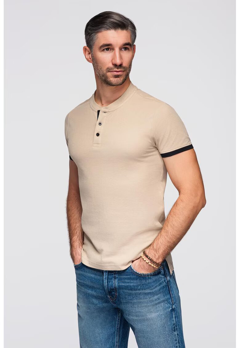 OMBRE Tricou de bumbac cu fenta cu nasturi - Bej
