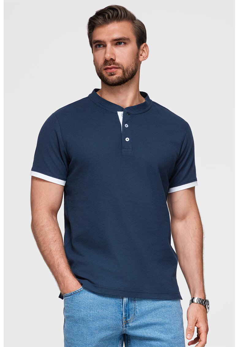 OMBRE Tricou de bumbac cu fenta cu nasturi - Bleumarin