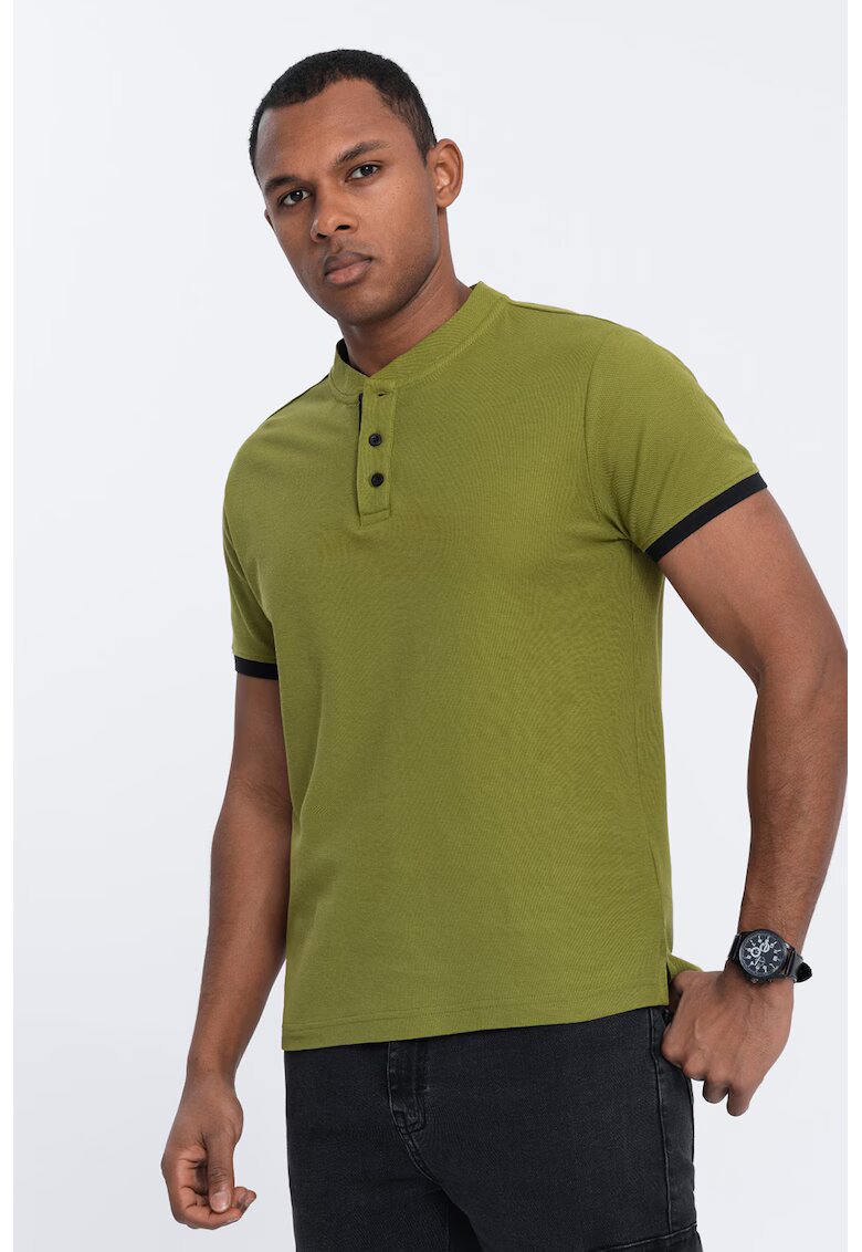 OMBRE Tricou de bumbac cu fenta cu nasturi - Verde masliniu