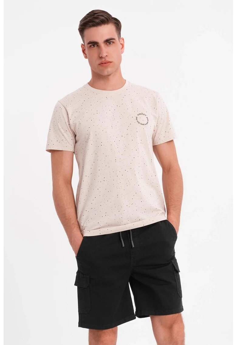 OMBRE Tricou de bumbac cu pete decorative - Negru/Bej/Albastru