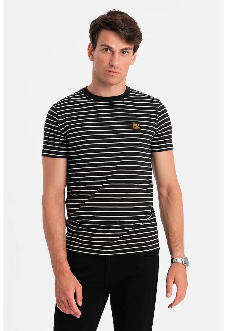 OMBRE Tricou din amestec de bumbac cu dungi - Negru/Alb murdar