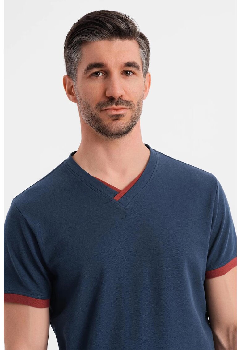OMBRE Tricou din bumbac cu decolteu in V - Bleumarin