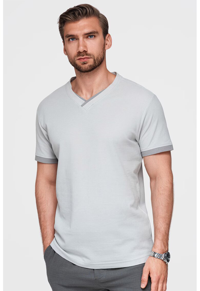 OMBRE Tricou din bumbac cu decolteu in V - Gri deschis
