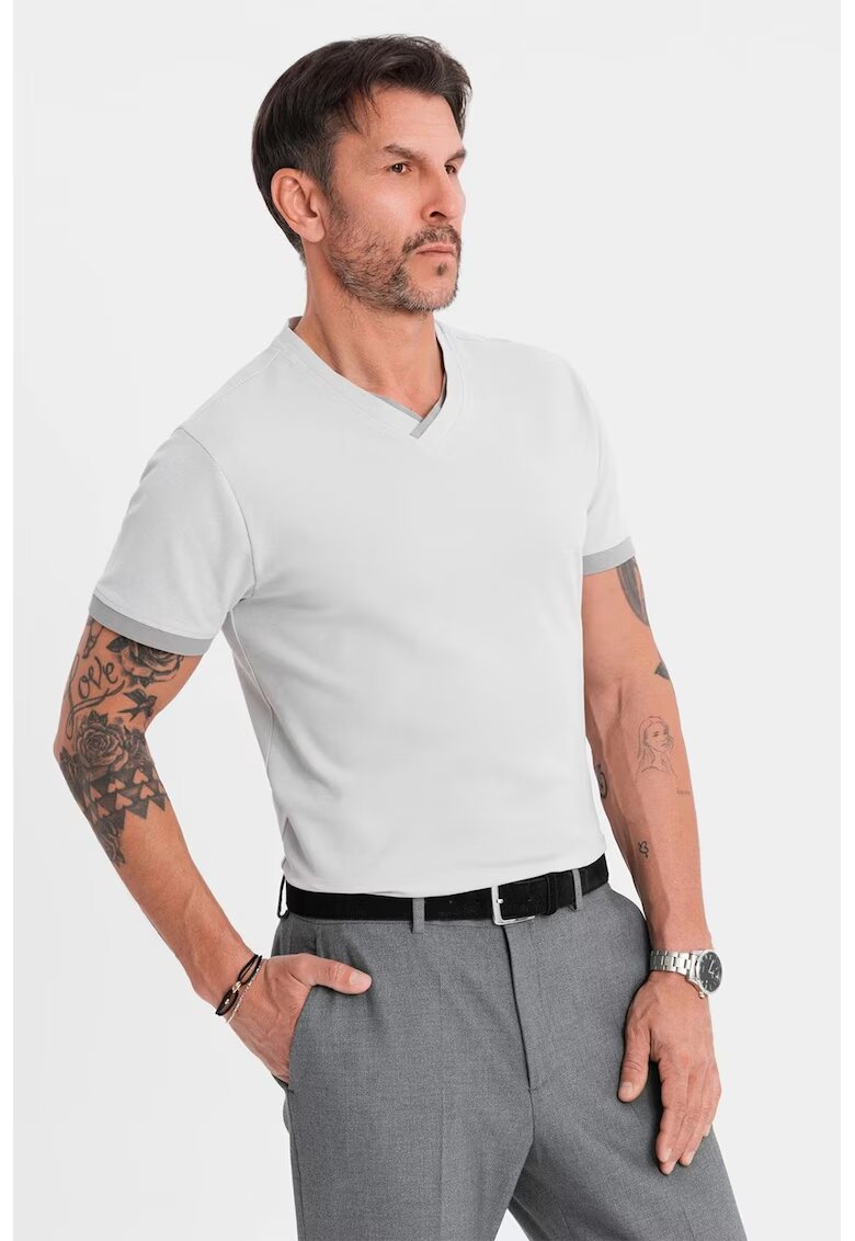 OMBRE Tricou din bumbac cu decolteu in V - Gri deschis