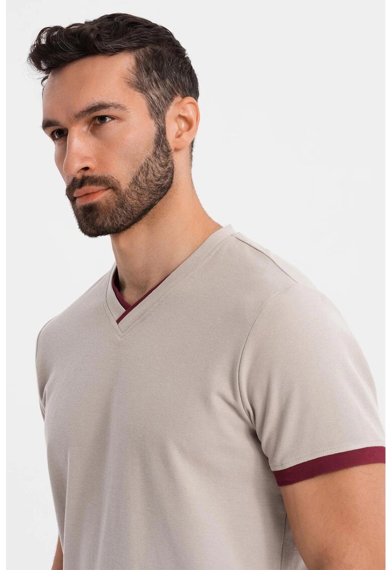 OMBRE Tricou din bumbac cu decolteu in V - Maro taupe deschis