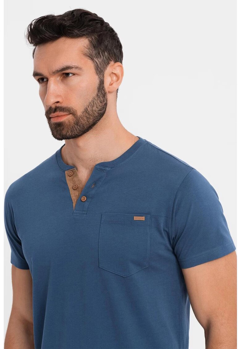 OMBRE Tricou din bumbac cu fenta cu nasturi - Albastru inchis