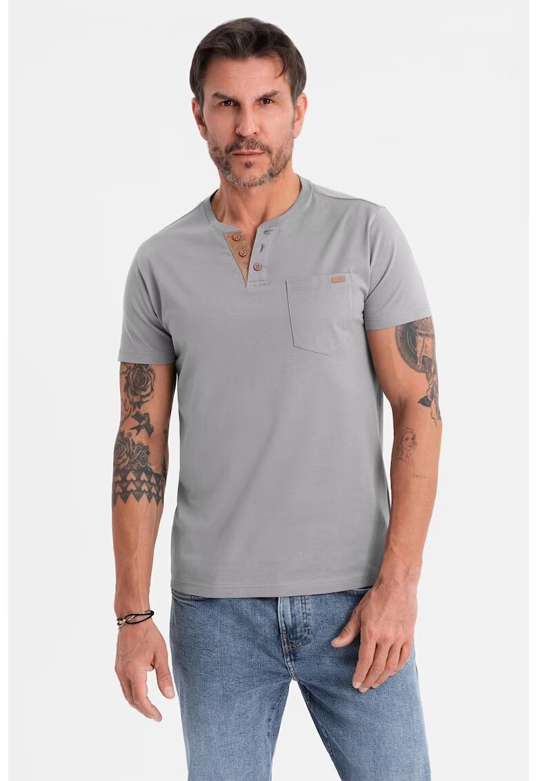 OMBRE Tricou din bumbac cu fenta cu nasturi - Gri inchis